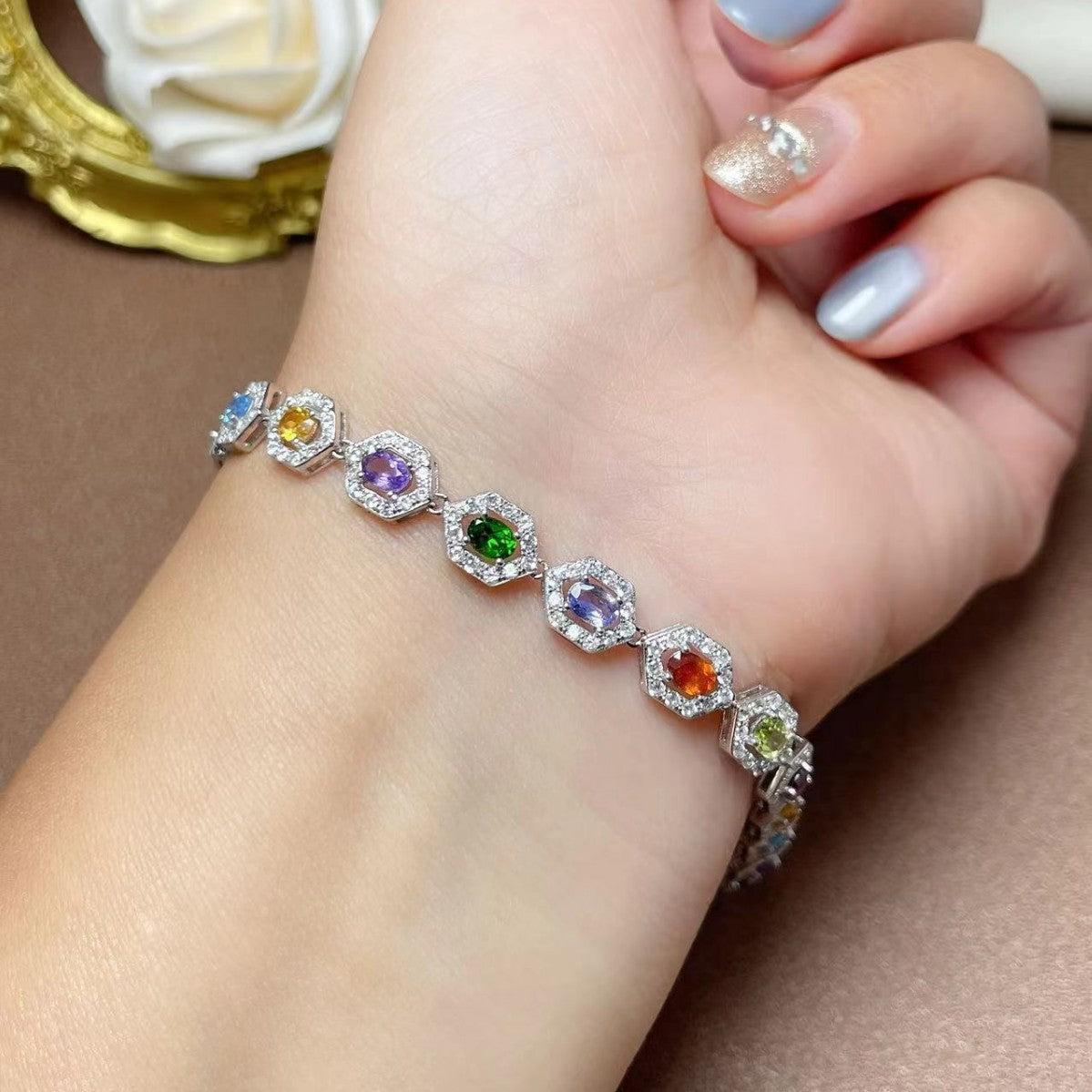 S925 Silver Inlaid Natural Crystal Topaz Garnet Women's Oval 3*4mm Bracelet