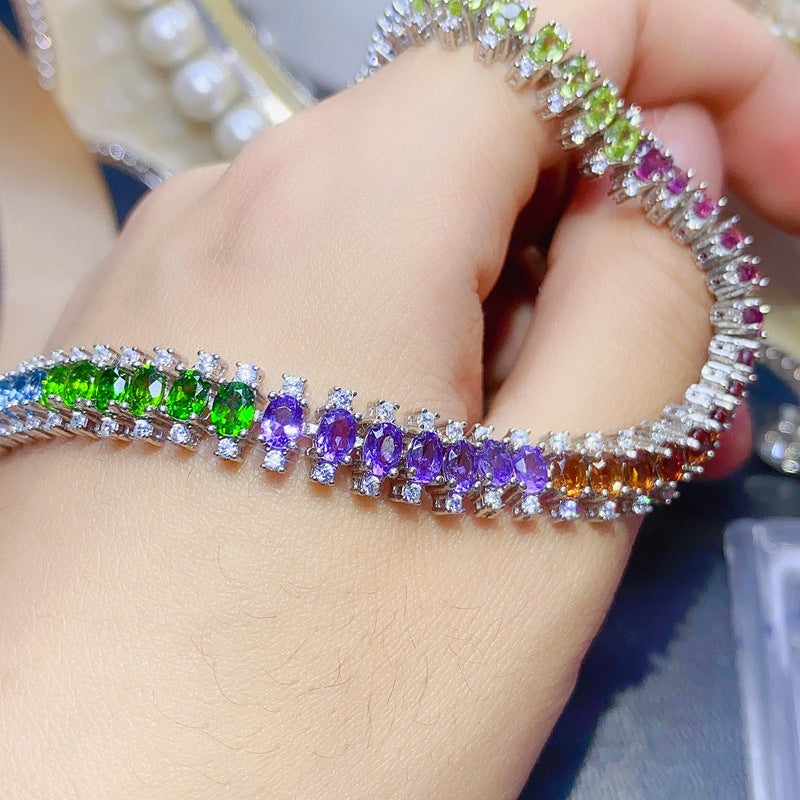 Natural Olivine Garnet Diopside Citrine Amethyst Topaz 925 Silver Multi-Gem Bracelet