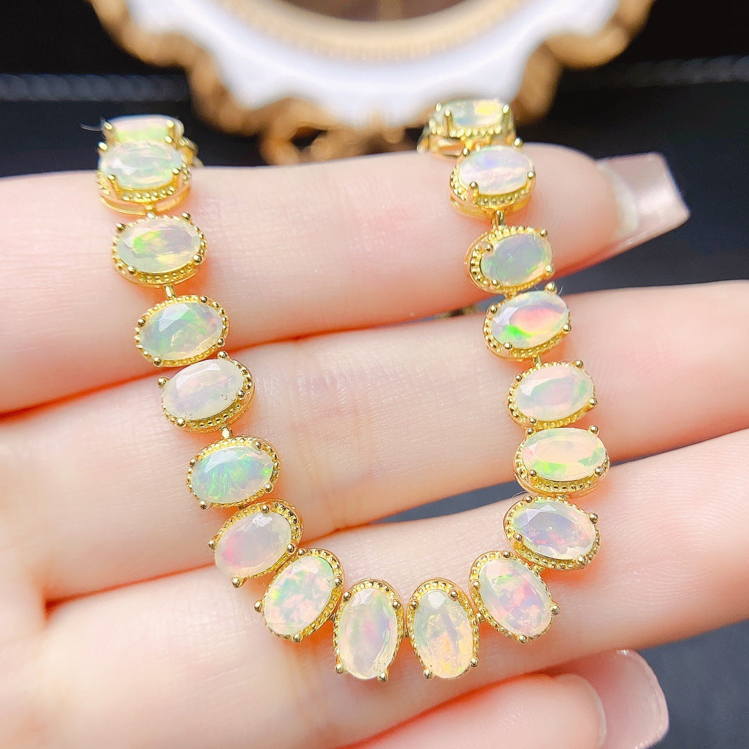 S925 Silver Inlaid Main Stone 4*6 Natural White Opal Bracelet