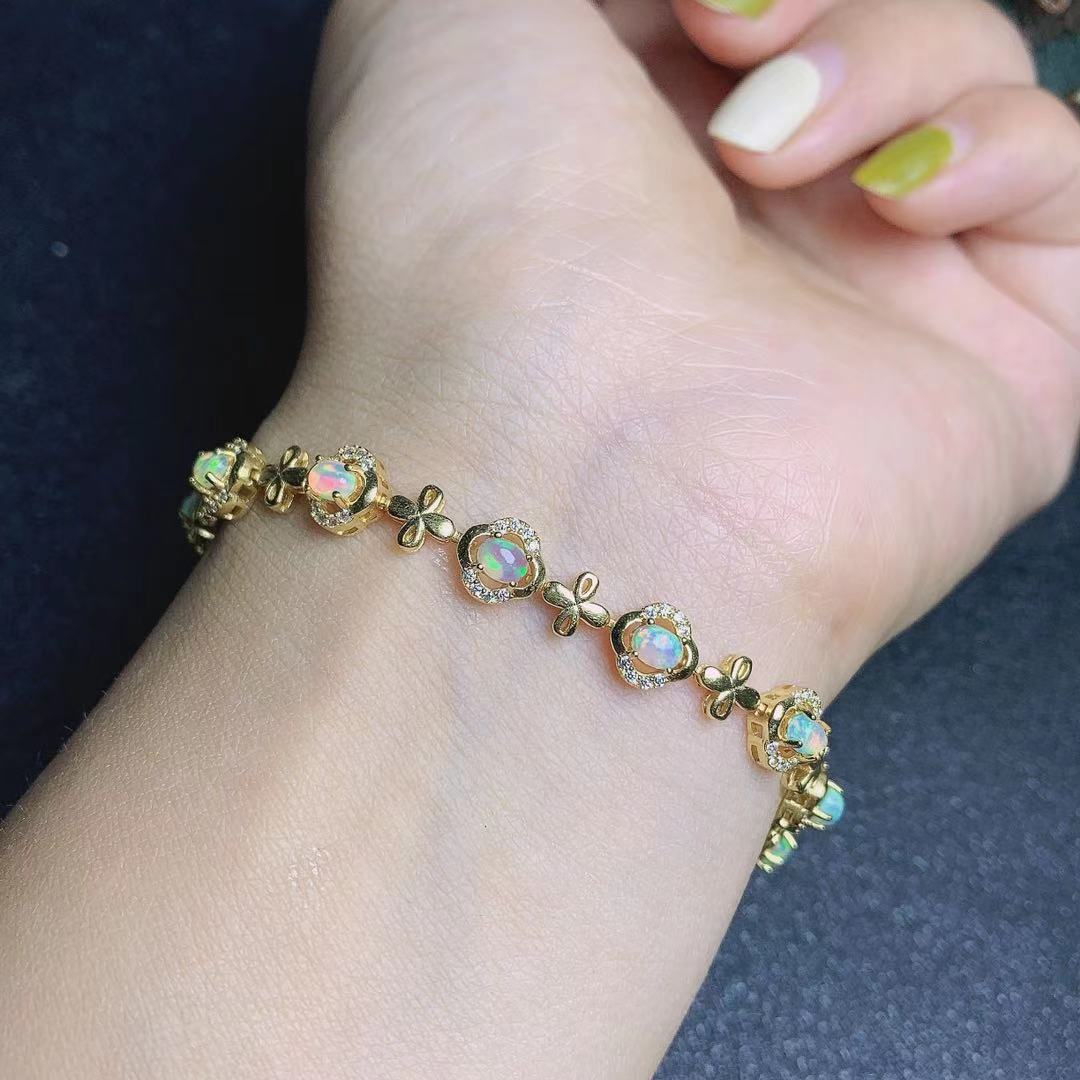 Natural Opal Bracelet Fire Color S925 Silver Electroplated 18k Gold Color Color Treasure Bracelet