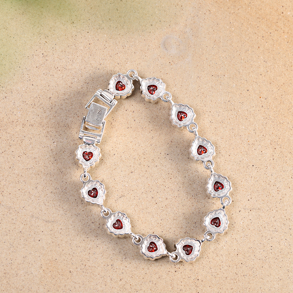 S925 Silver Jewelry Heart-Shaped Garnet Bracelet Versatile Women's Bracelet