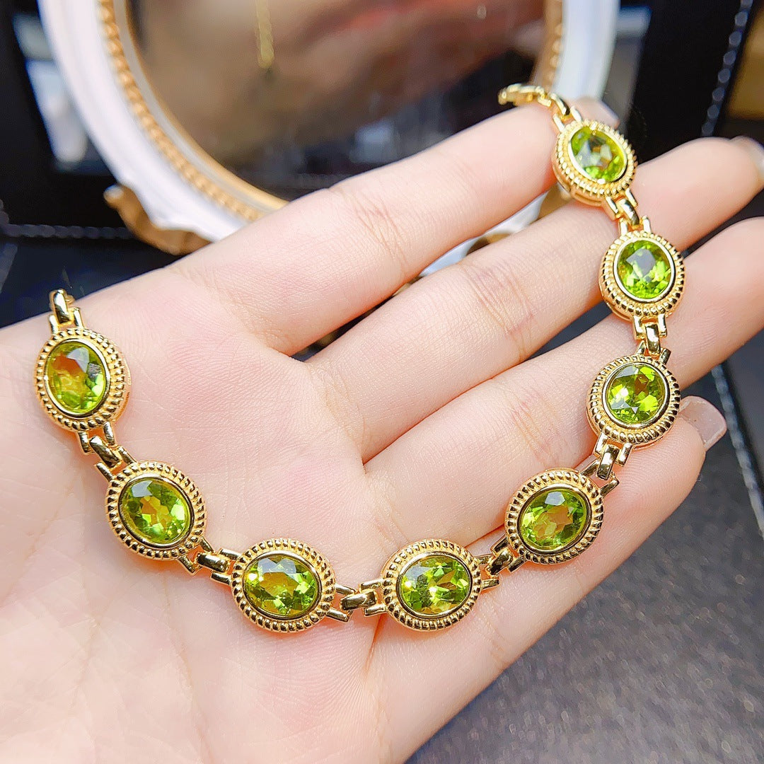 S925 Silver Inlaid Main Stone 6*8 Natural Peridot Bracelet