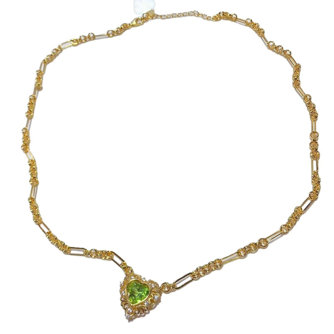 S925 Sterling Silver Inlaid Natural Peridot Necklace Heart Exquisite Light Luxury Vintage Style Versatile Collarbone Chain