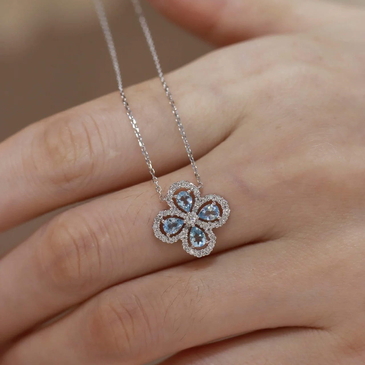 1.9 Carat Four-Leaf Clover Cultivated Pink Sapphire Full Diamond Necklace Aquamarine S925 Sterling Silver Pendant