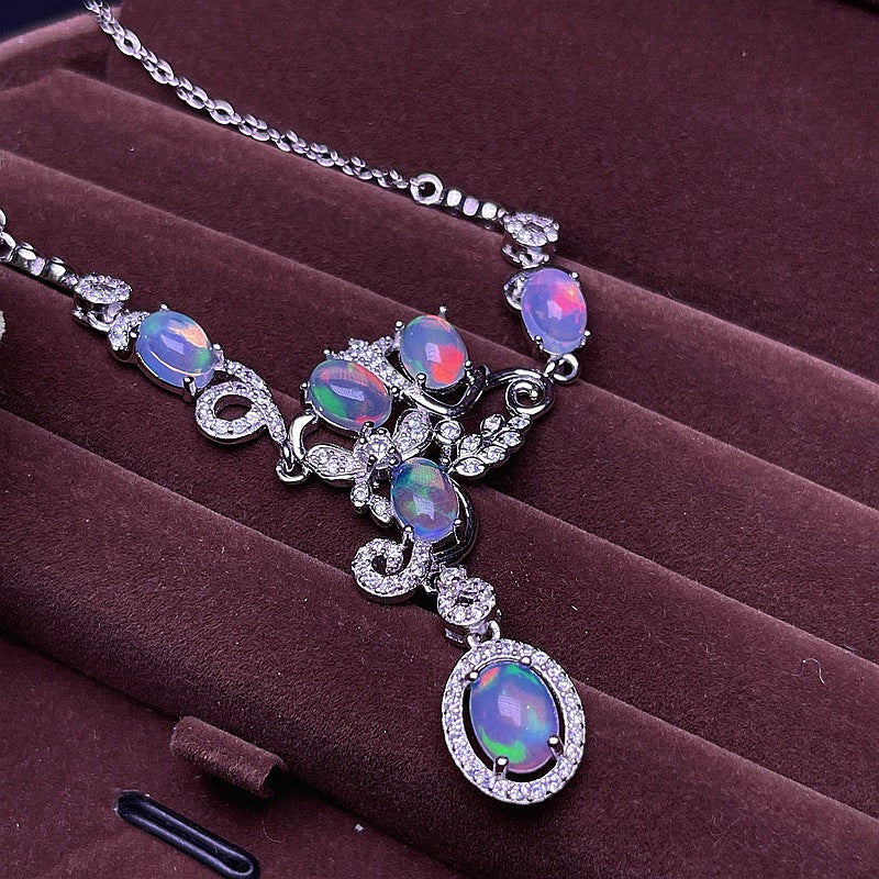 Australian Iridescent Opal Chain 925 Silver Inlaid with Dazzling Natural Fire Opal Collarbone Chain