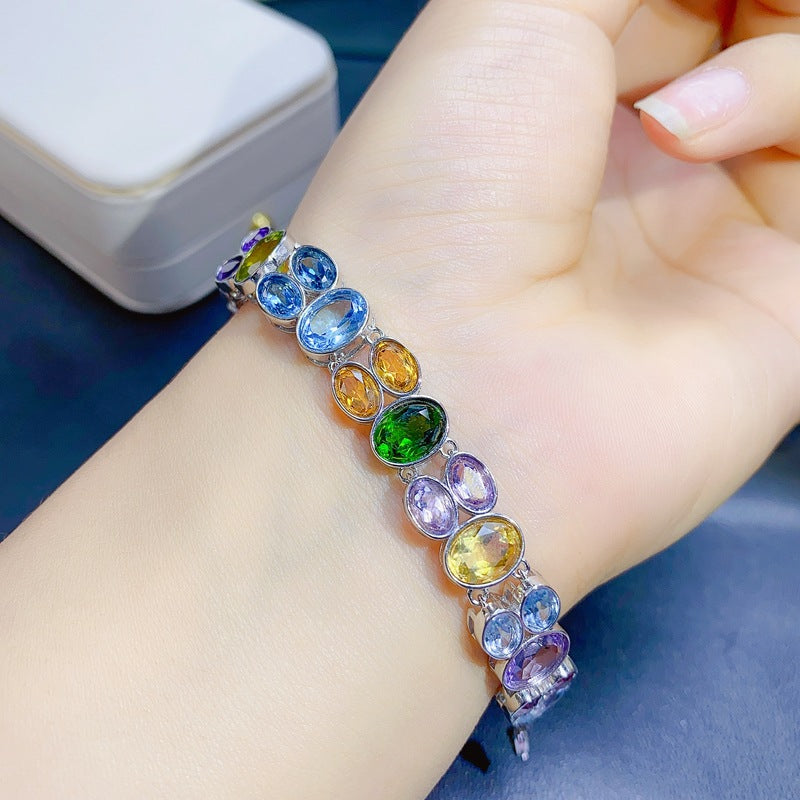 Colorful Gemstone Mixed Bracelet Natural Peridot Garnet Diopside Citrine Amethyst Topaz 925 Silver Bracelet