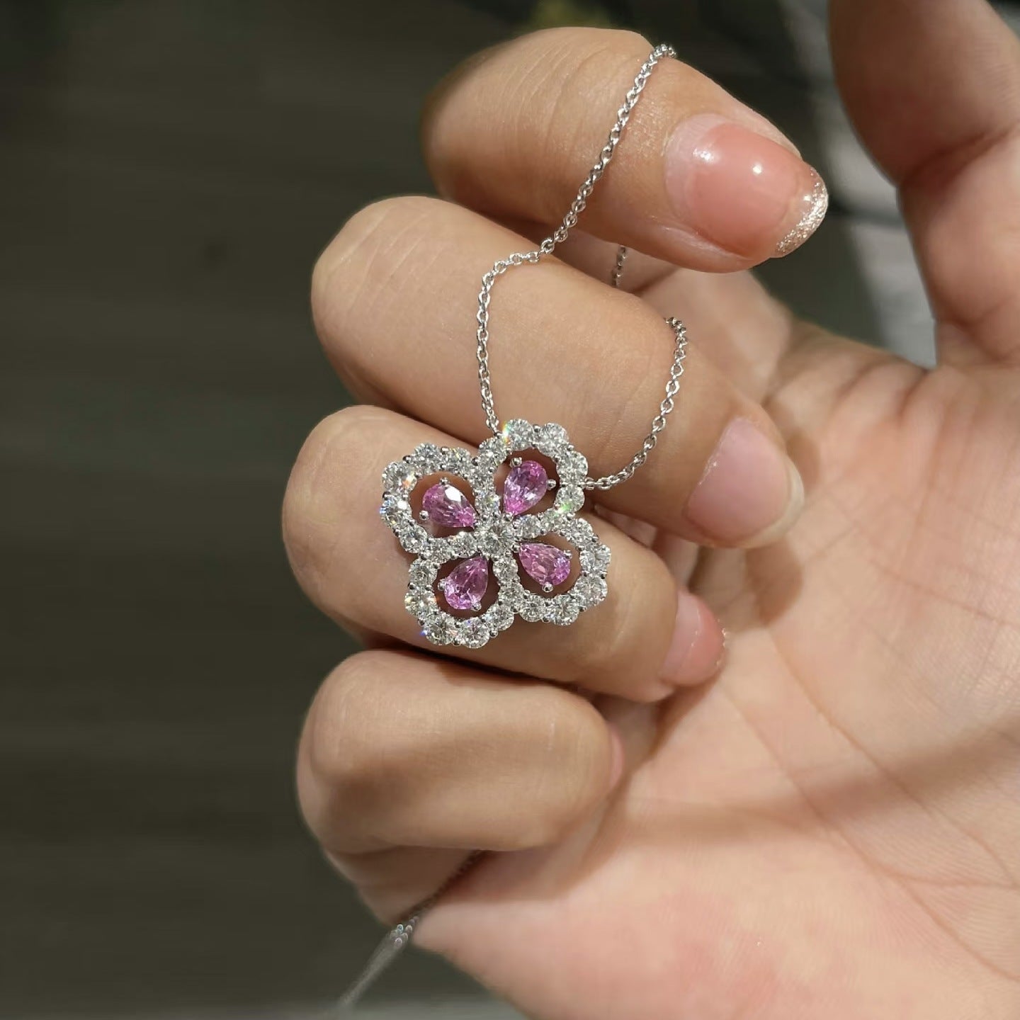 1.9 Carat Four-Leaf Clover Cultivated Pink Sapphire Full Diamond Necklace Aquamarine S925 Sterling Silver Pendant