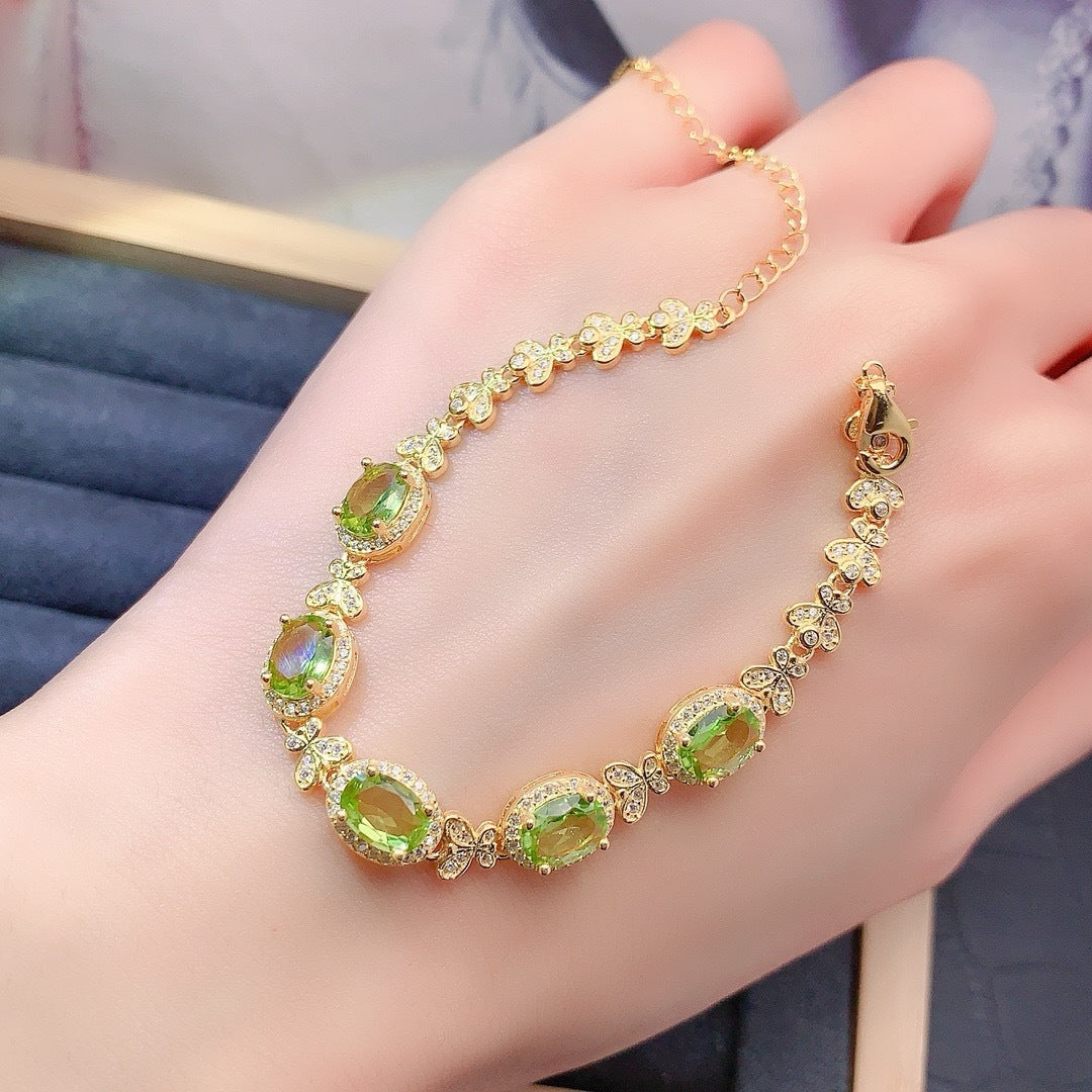 S925 Sterling Silver Fashion Niche Design Oval 5*7mm Natural Peridot Bracelet