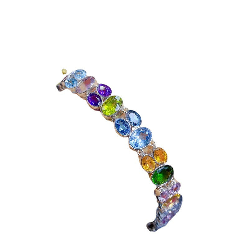 Colorful Gemstone Mixed Bracelet Natural Peridot Garnet Diopside Citrine Amethyst Topaz 925 Silver Bracelet