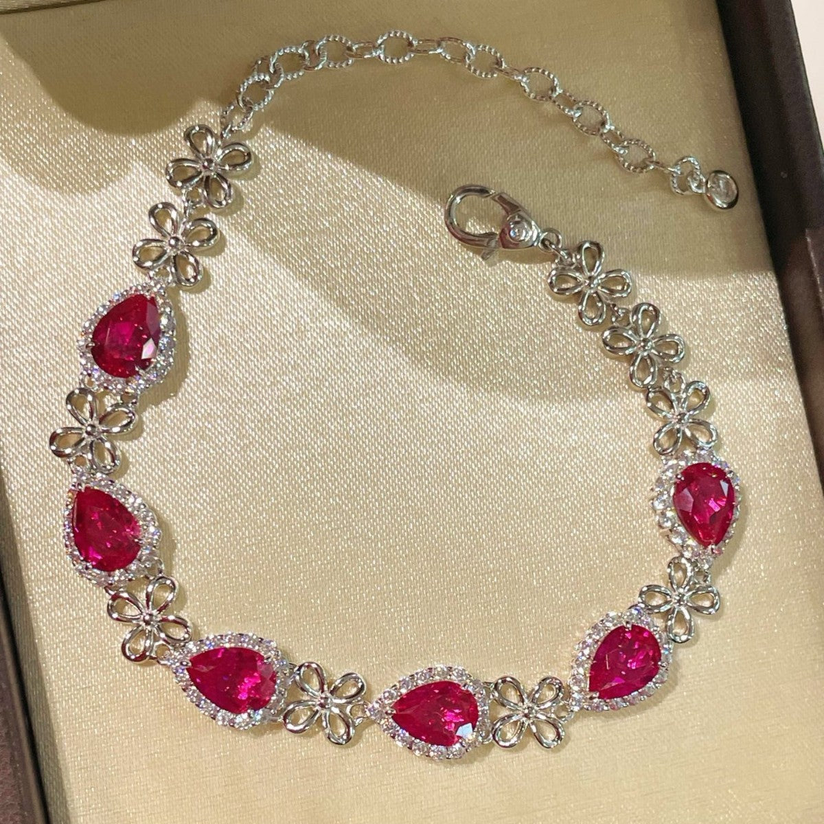 925 Silver Gold Plated Red Corundum Water Drop Flash Diamond Bracelet