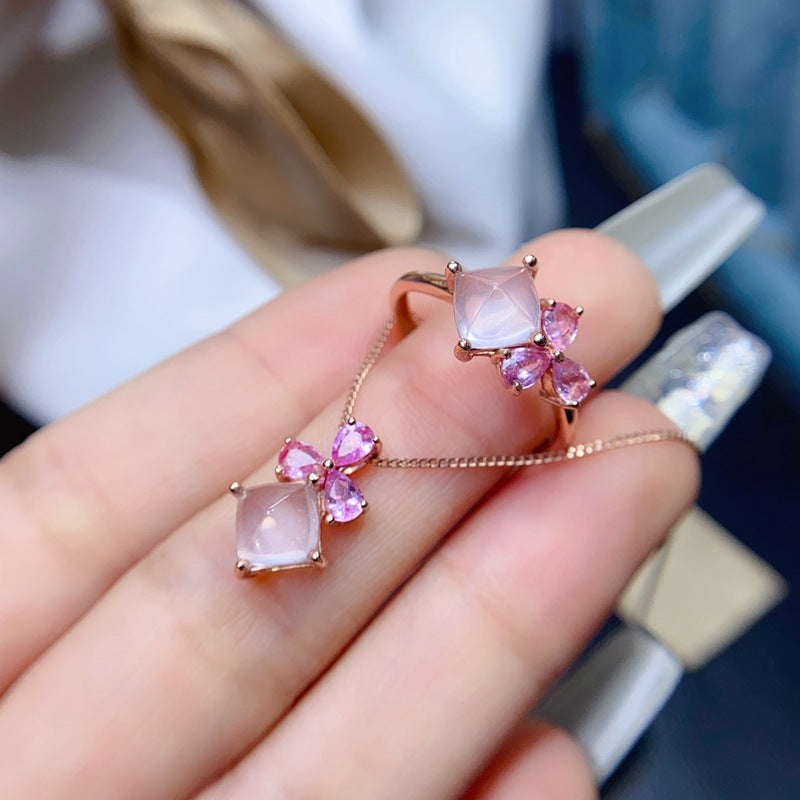 Hibiscus Stone Ring Pendant Set High-Quality Rose Quartz Gemstone Set