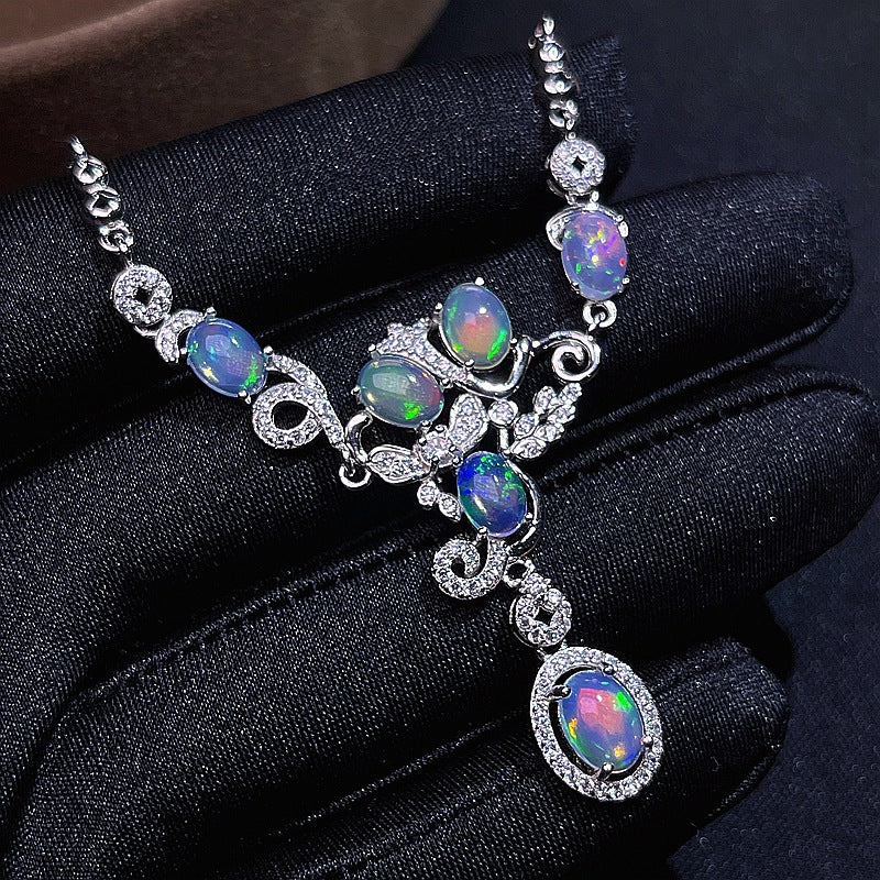 Australian Iridescent Opal Chain 925 Silver Inlaid with Dazzling Natural Fire Opal Collarbone Chain