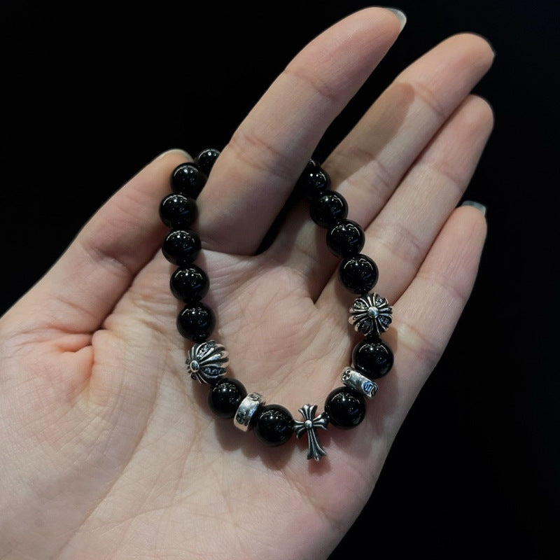 Male and Female Couples Domineering Hip-Hop Style Personality Punk 8mm Obsidian Bracelet