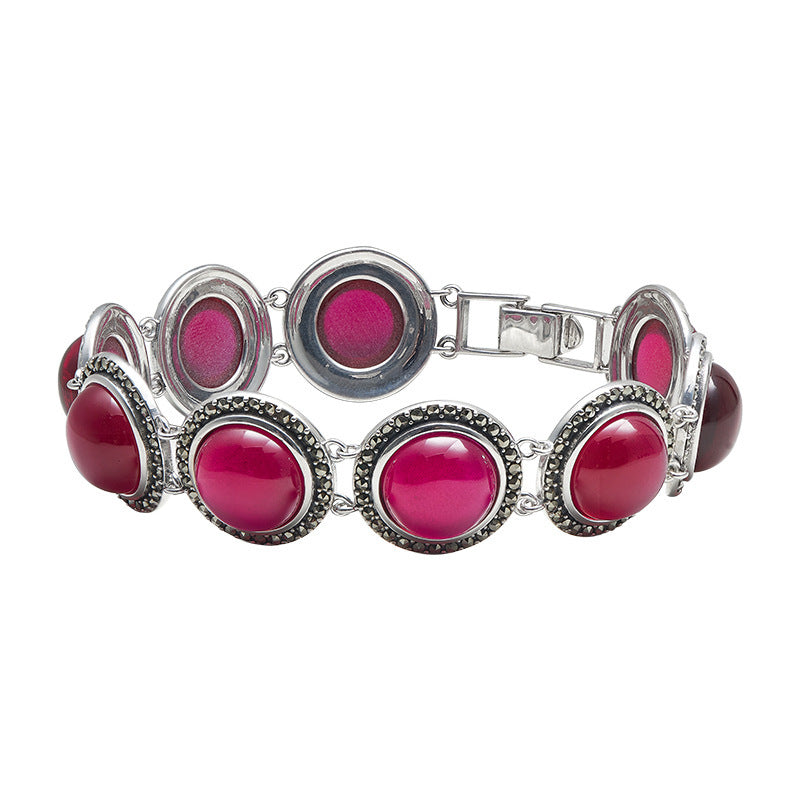European and American Retro Mosaic Round Red Corundum Bracelet S925 Sterling Silver Inlaid Pink Crystal Cabochon Personalized Bracelet