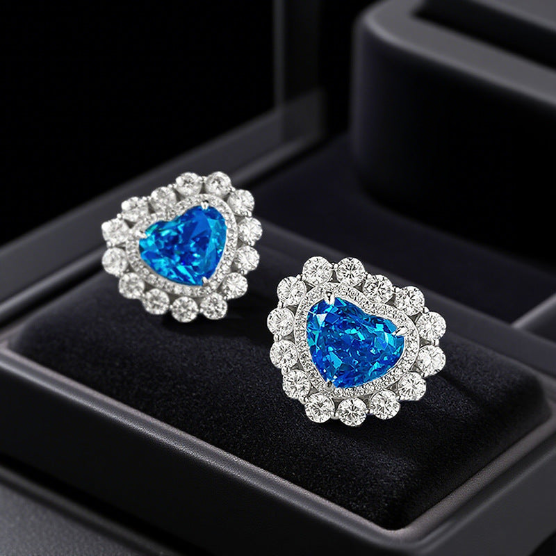 S925 Silver Full Inlaid Heart 9*11 Aquamarine High Carbon Diamond Ice Flower Heart-shaped Earrings
