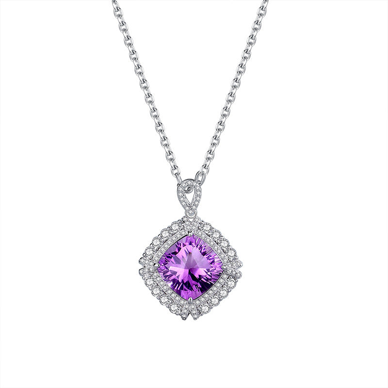 Amethyst Stone Rhombus Necklace S925 Sterling Silver Cold and Silent Elegant Style Clavicle Chain