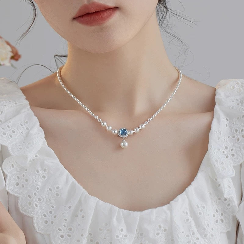 Natural Australian White Jellyfish Shell Pearl Necklace for Women with Aquamarine Gradient Elegant Collarbone Chain