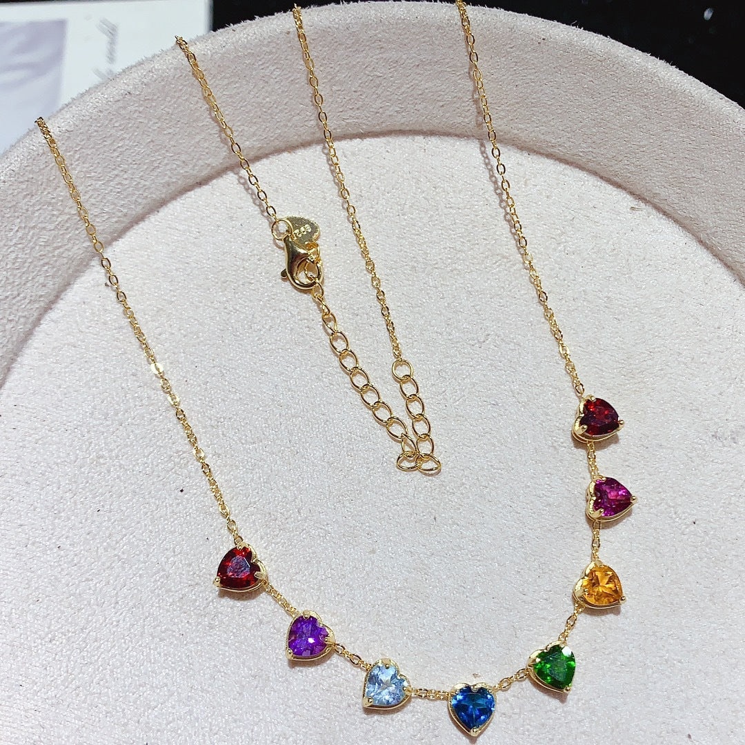 S925 Silver Inlaid Multi-Gem Necklace Heart Simple Fashion Versatile High-End Color Gem Necklace