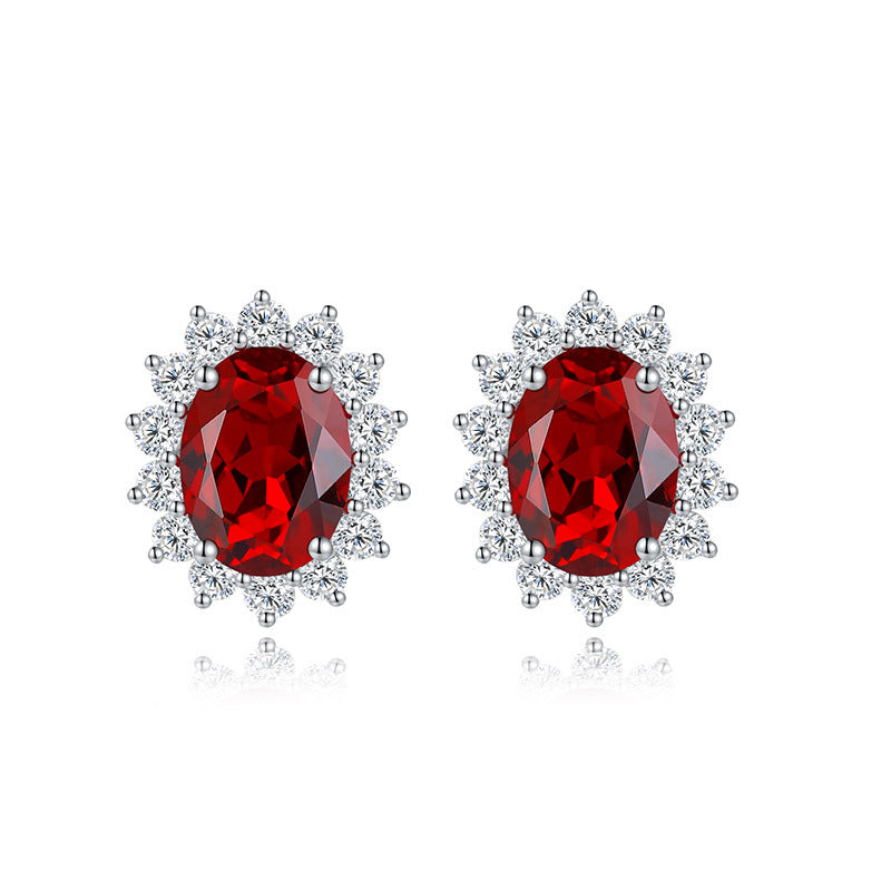 S925 Silver Plated 18K Gold Inlaid Cultivated Ruby Stud Earrings Sapphire Emerald Earrings