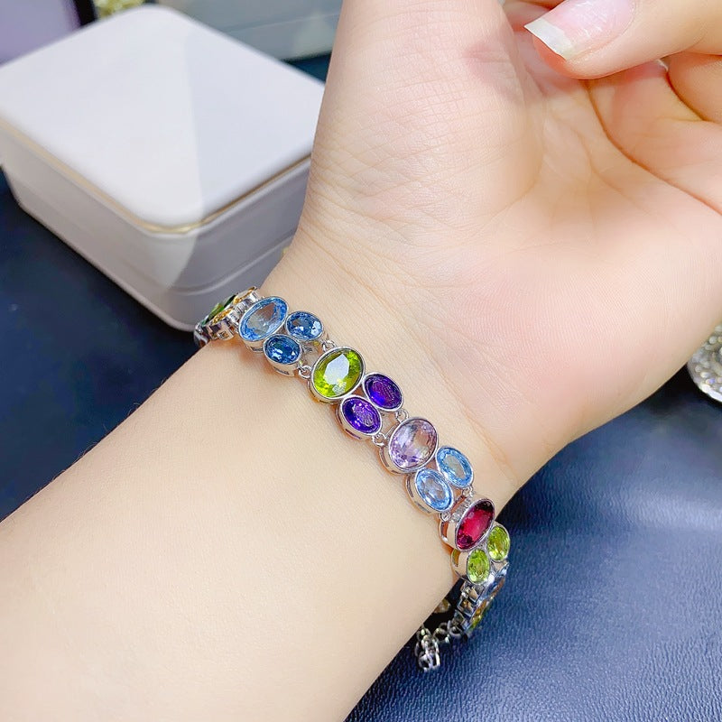 Colorful Gemstone Mixed Bracelet Natural Peridot Garnet Diopside Citrine Amethyst Topaz 925 Silver Bracelet