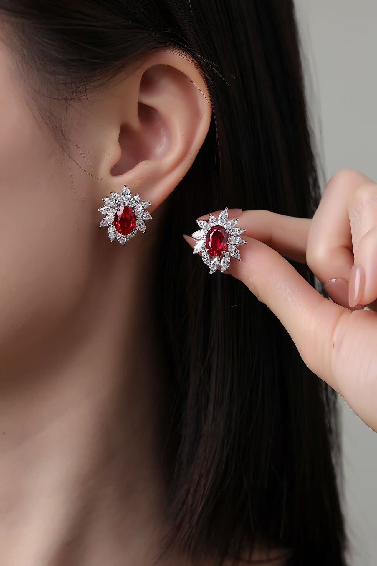 6 Carat Cultivated Ruby Stud Earrings New Women's Luxury S925 Silver Elegant Earrings