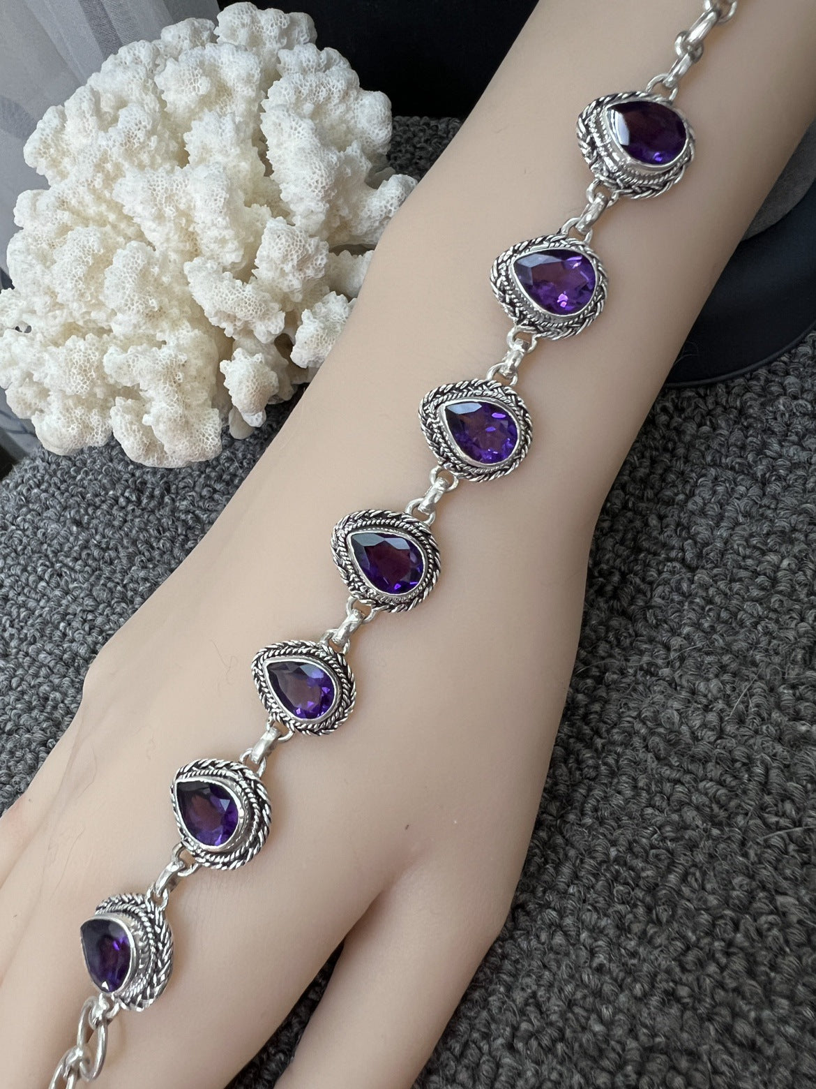 Nepal Handmade 925 Inlaid Yellow Crystal Ruby Amethyst Opal Stone Vintage Bracelet