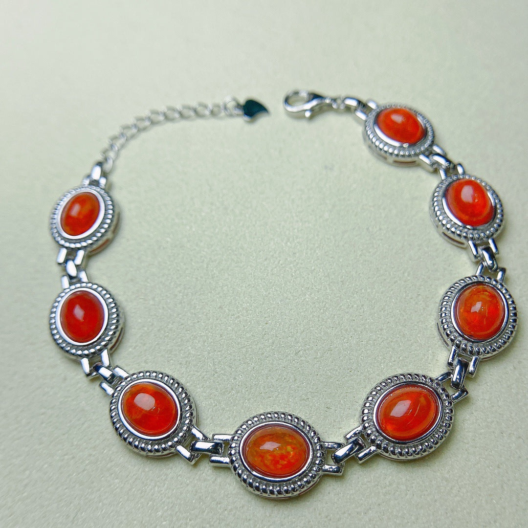 S925 Silver Inlaid Main Stone 6*8 Natural Fire Opal Bracelet
