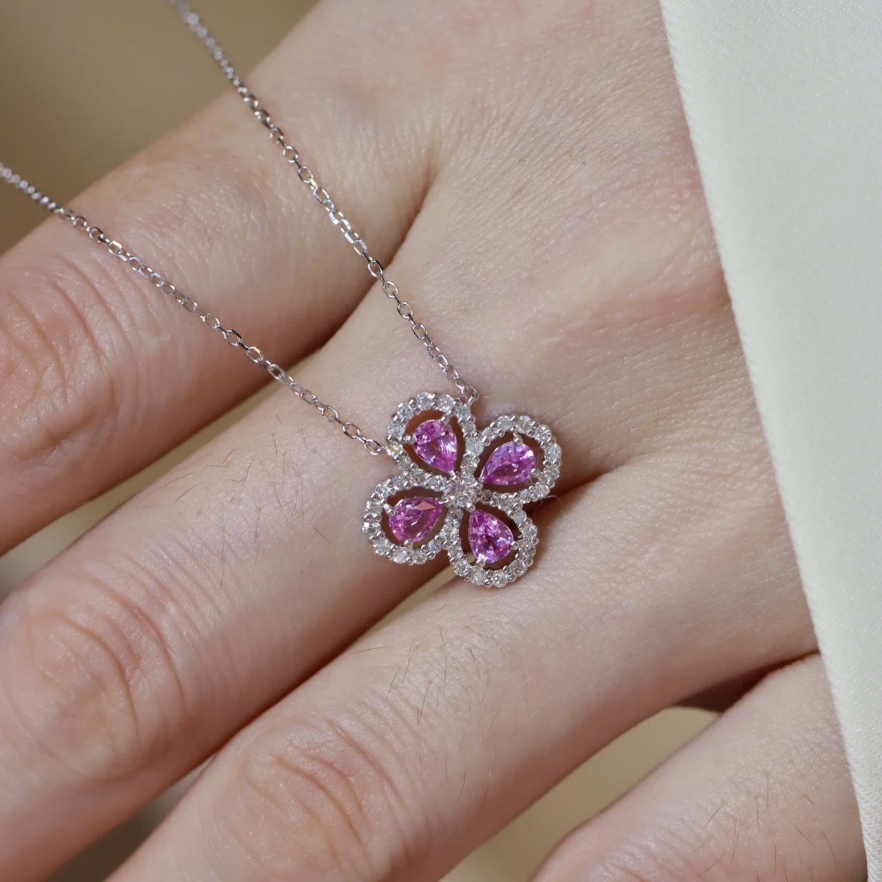 1.9 Carat Four-Leaf Clover Cultivated Pink Sapphire Full Diamond Necklace Aquamarine S925 Sterling Silver Pendant