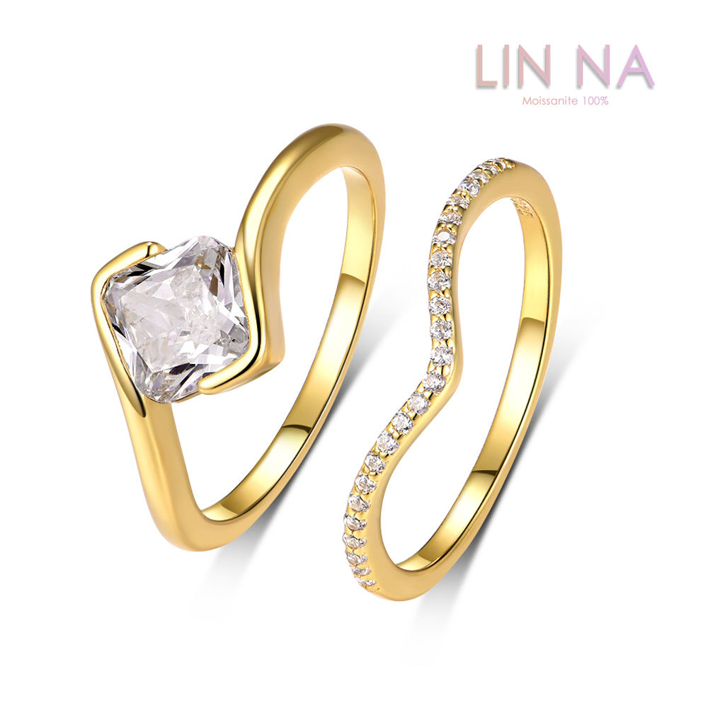 S925 Silver Set Inlaid Round Moissanite Ring Independent Hot Sale Elegant Fashion Combination Ring