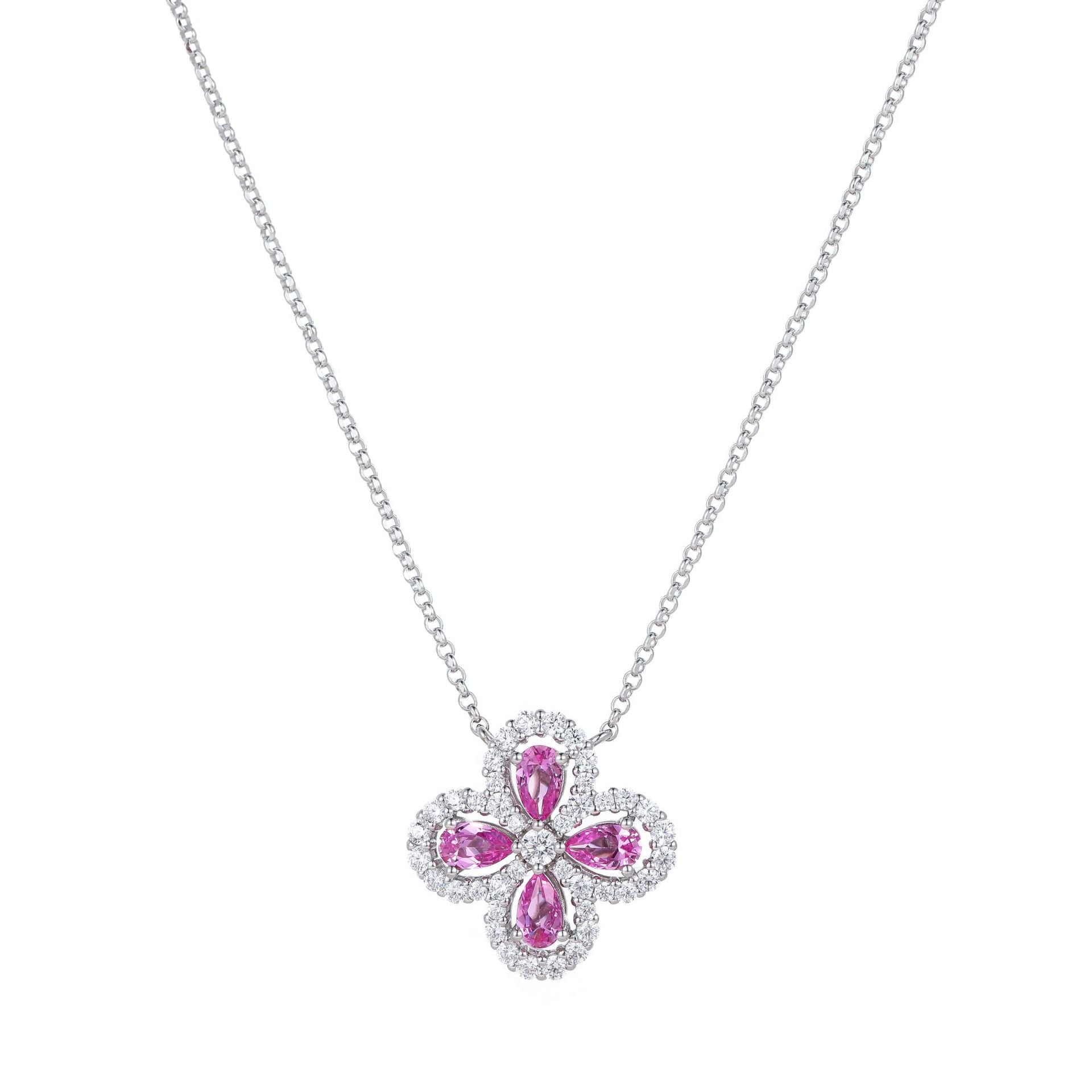 1.9 Carat Four-Leaf Clover Cultivated Pink Sapphire Full Diamond Necklace Aquamarine S925 Sterling Silver Pendant