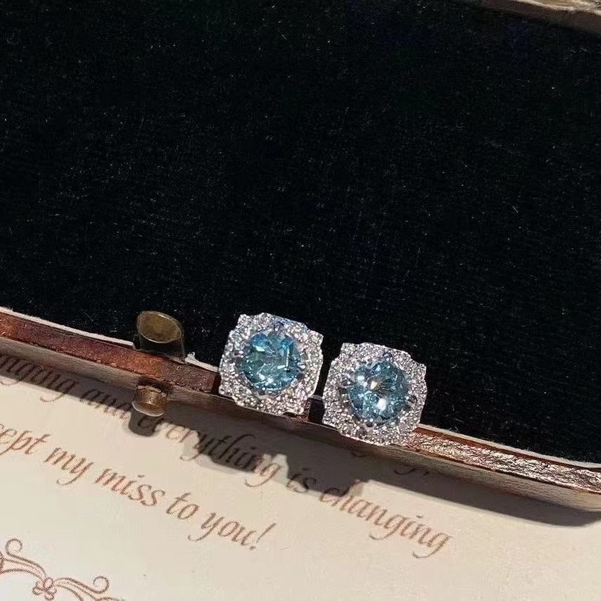 925 Silver Inlaid Natural Aquamarine Ring Necklace Two-Piece Set