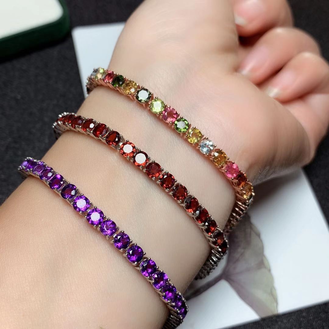 Colorful Gemstone Bracelet Natural Garnet Amethyst Tourmaline 925 Silver Single Circle Bracelet