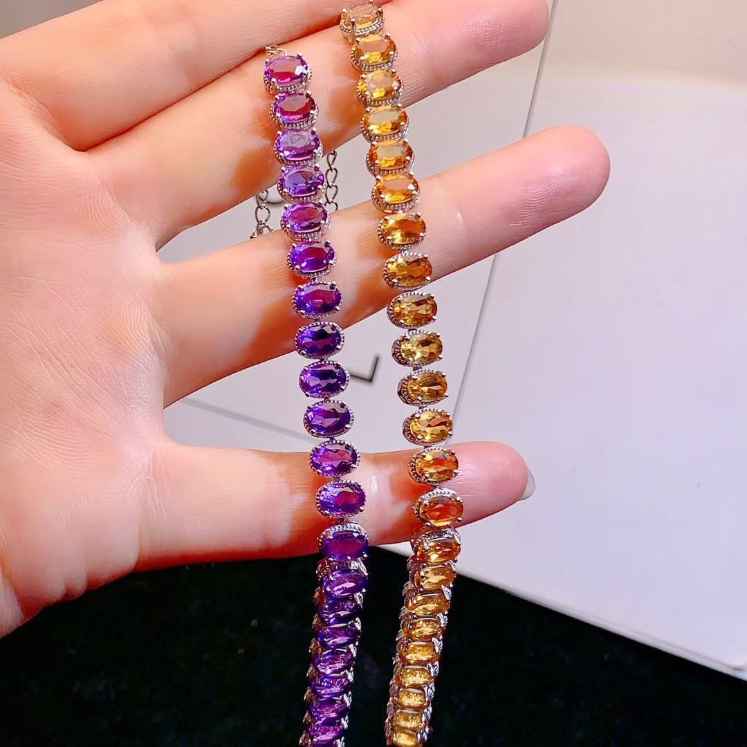 S925 Sterling Silver Simple Fashion Versatile Colorful Gemstone Amethyst Citrine Bracelet