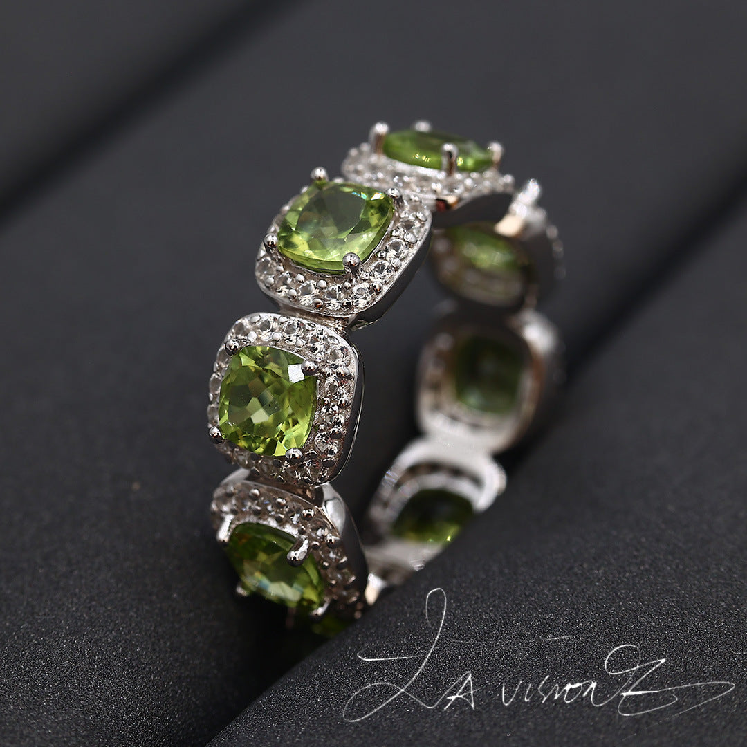 925 Silver Inlaid Natural Peridot Synthetic White Sapphire Ring