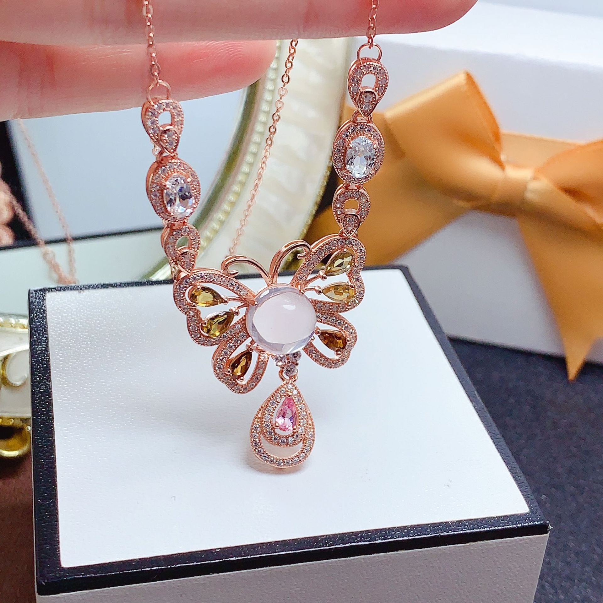 Clavicle Chain Gemstone Jewelry 925 Silver Inlaid with Natural Rose Quartz Tourmaline Aquamarine Engagement Date Necklace