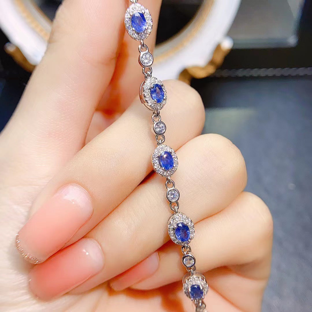 S925 sterling silver simulation sapphire 3*4mm oval drill adjustable bracelet