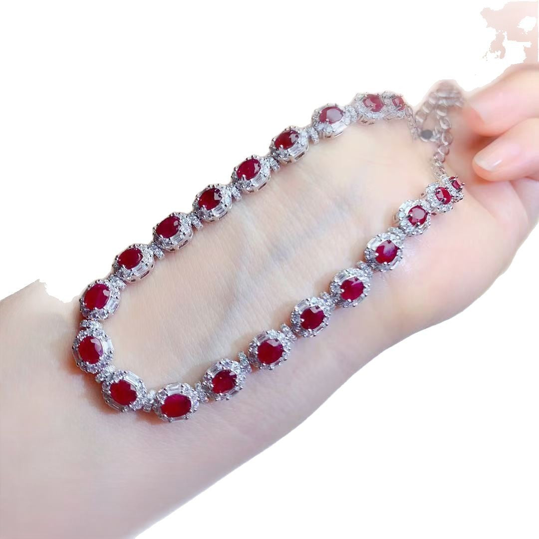 S925 Sterling Silver Inlaid Natural Old Burnt Ruby Necklace Light Luxury Heavy Craftsmanship Fashion Elegant High-end Jewelry