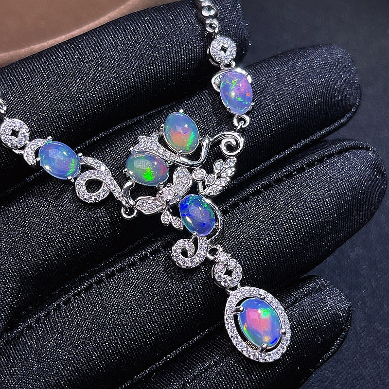 Australian Iridescent Opal Chain 925 Silver Inlaid with Dazzling Natural Fire Opal Collarbone Chain