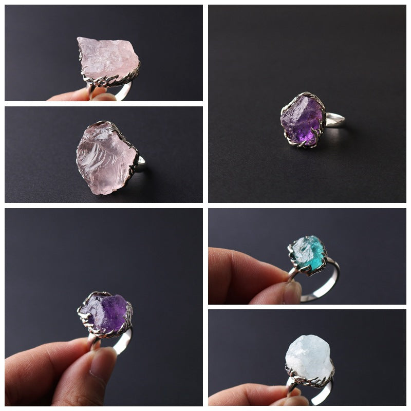 Original Design Ring Pure Silver Handmade Encrusted Natural Raw Mineral Amethyst Rose Quartz Phosphorite Aquamarine Ring