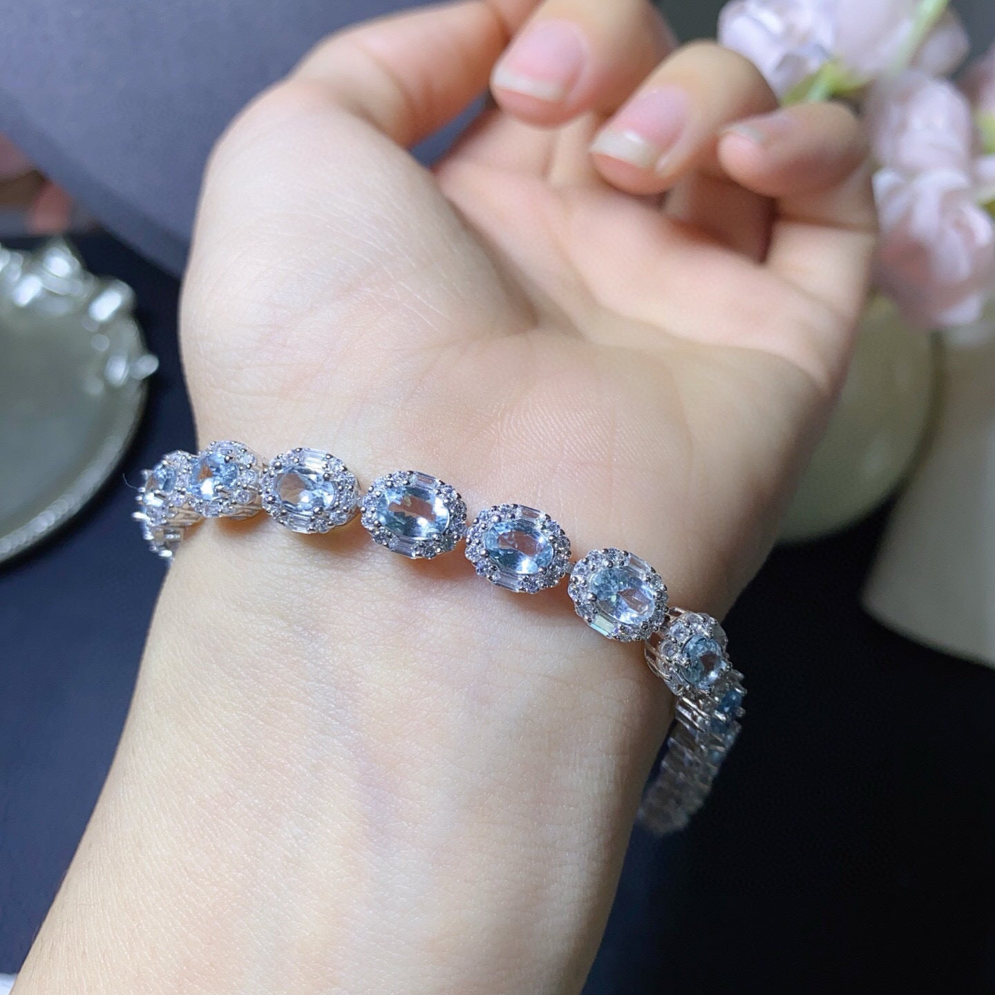 925 Silver Fine Craft Setting Inlaid 4x6mm Exquisite Temperament Style Natural Aquamarine Bracelet
