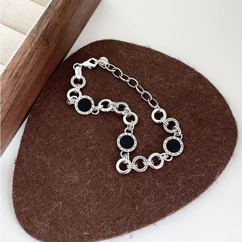 S925 Sterling Silver Black Enamel Bracelet for Women New Roman Numeral Splicing High-end Original Design Bracelet