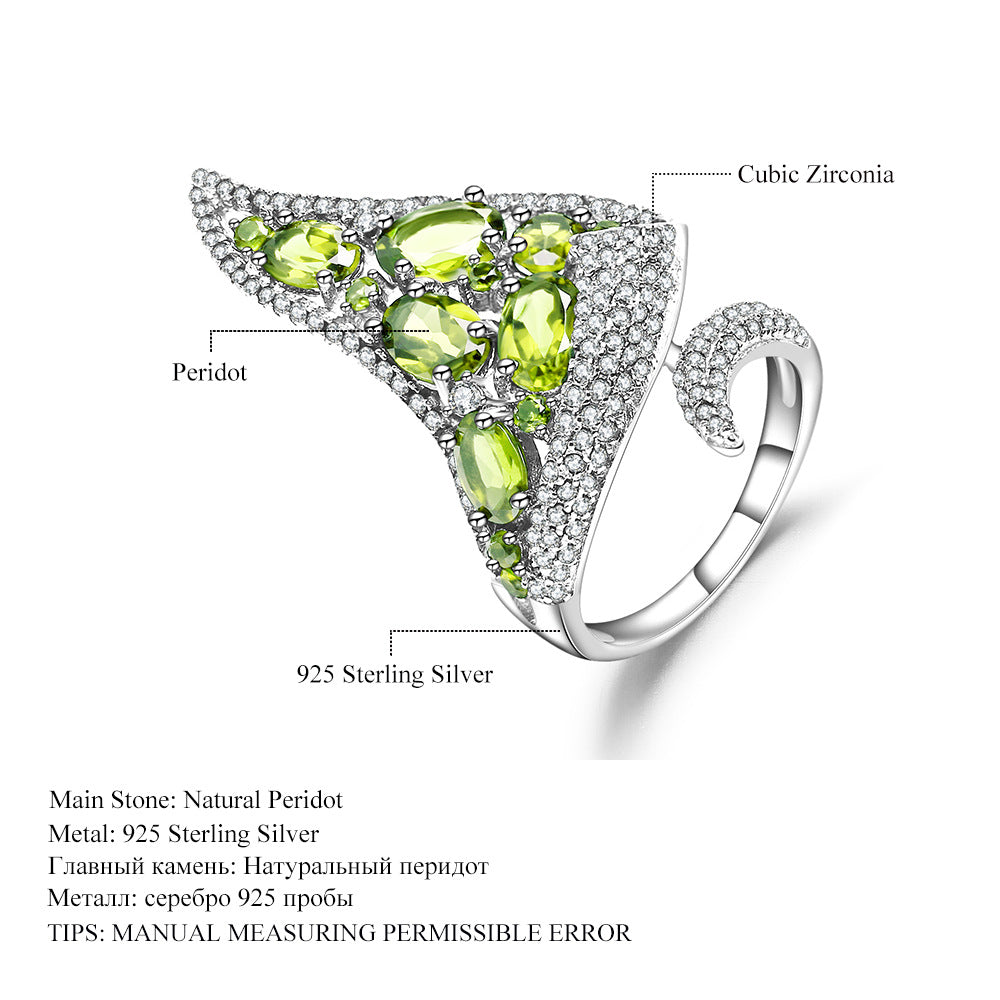 Exaggerated Personality Luxurious S925 Silver Natural Peridot Ring Open Ring