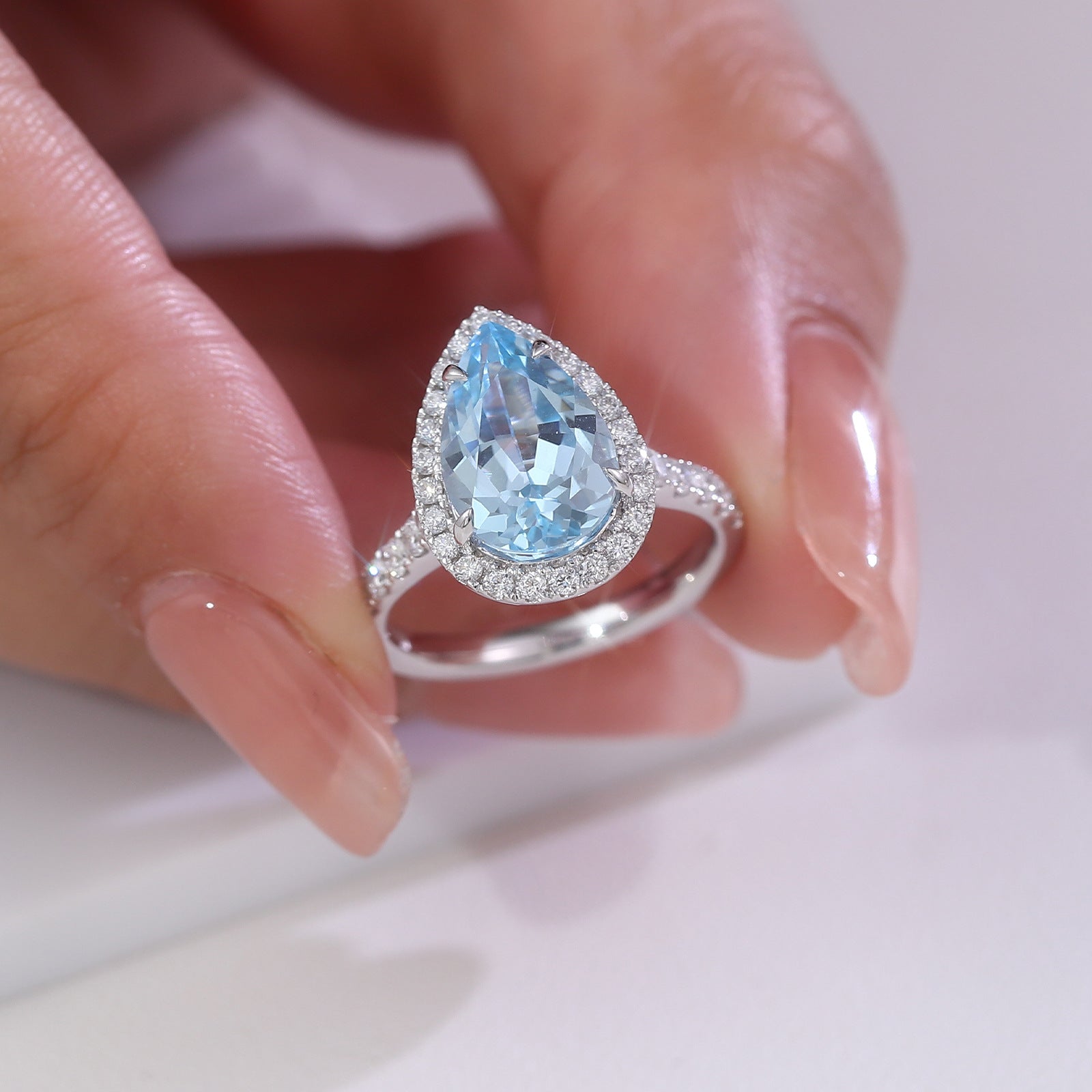 Aquamarine Ring 14K White Gold 3 Carat Drop Shape Cultured Gemstone Ring