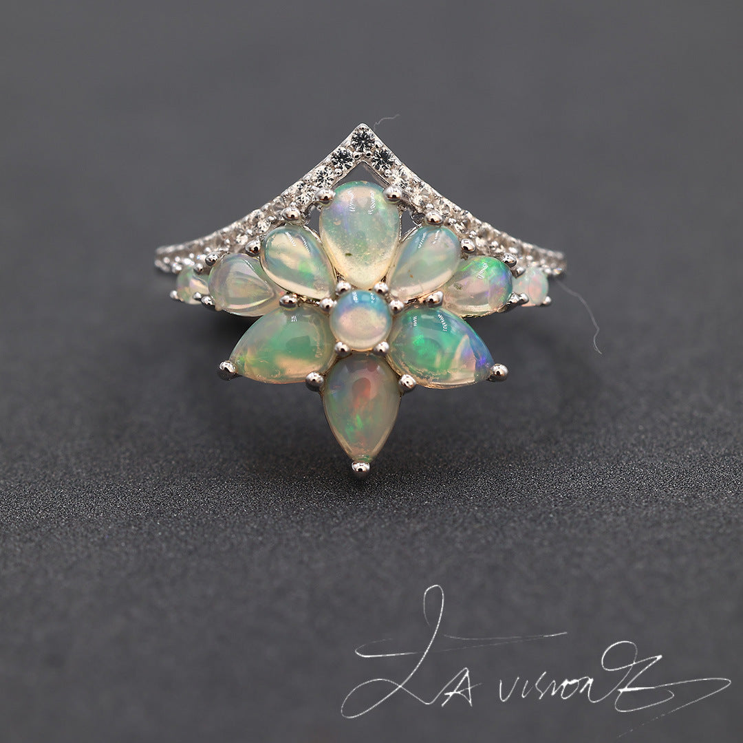 S925 Silver Inlaid Natural Opal Vintage Jewelry Synthetic White Sapphire Ring