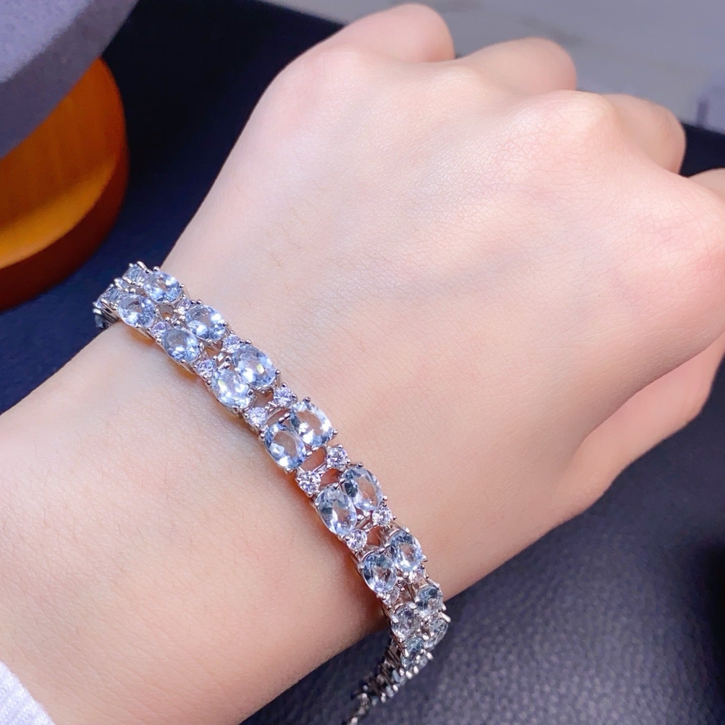 S925 Silver Inlaid Main Stone 4x6mm Natural Aquamarine Bracelet