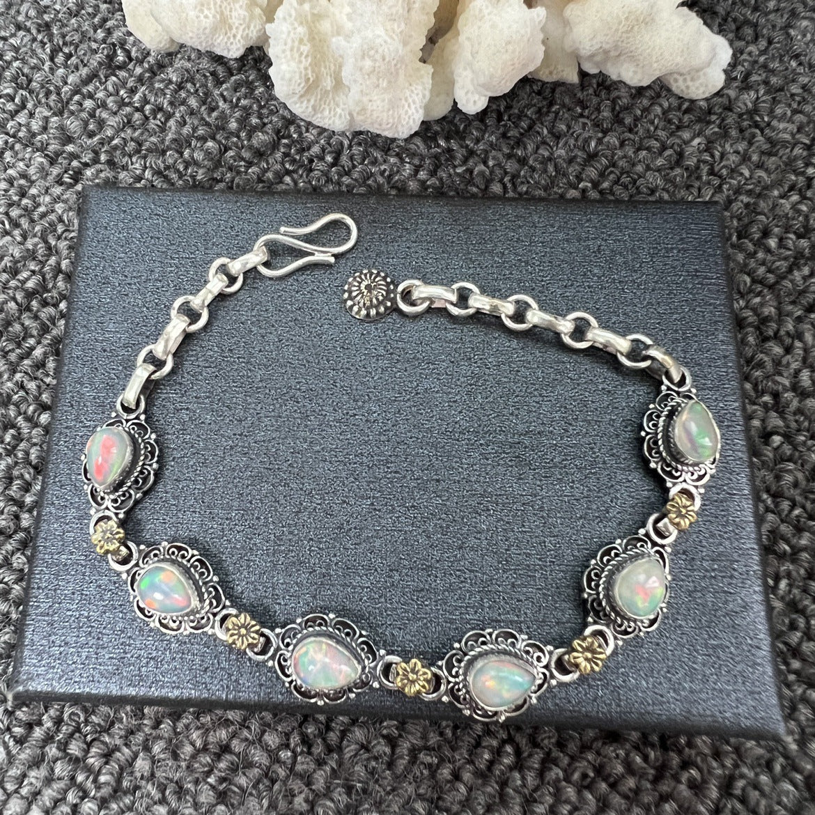 Nepal Handmade 925 Inlaid Yellow Crystal Ruby Amethyst Opal Stone Vintage Bracelet