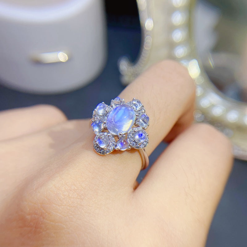 Moonstone Ring 925 Silver Inlaid with Natural Blue Moonstone Adjustable Women's Ring