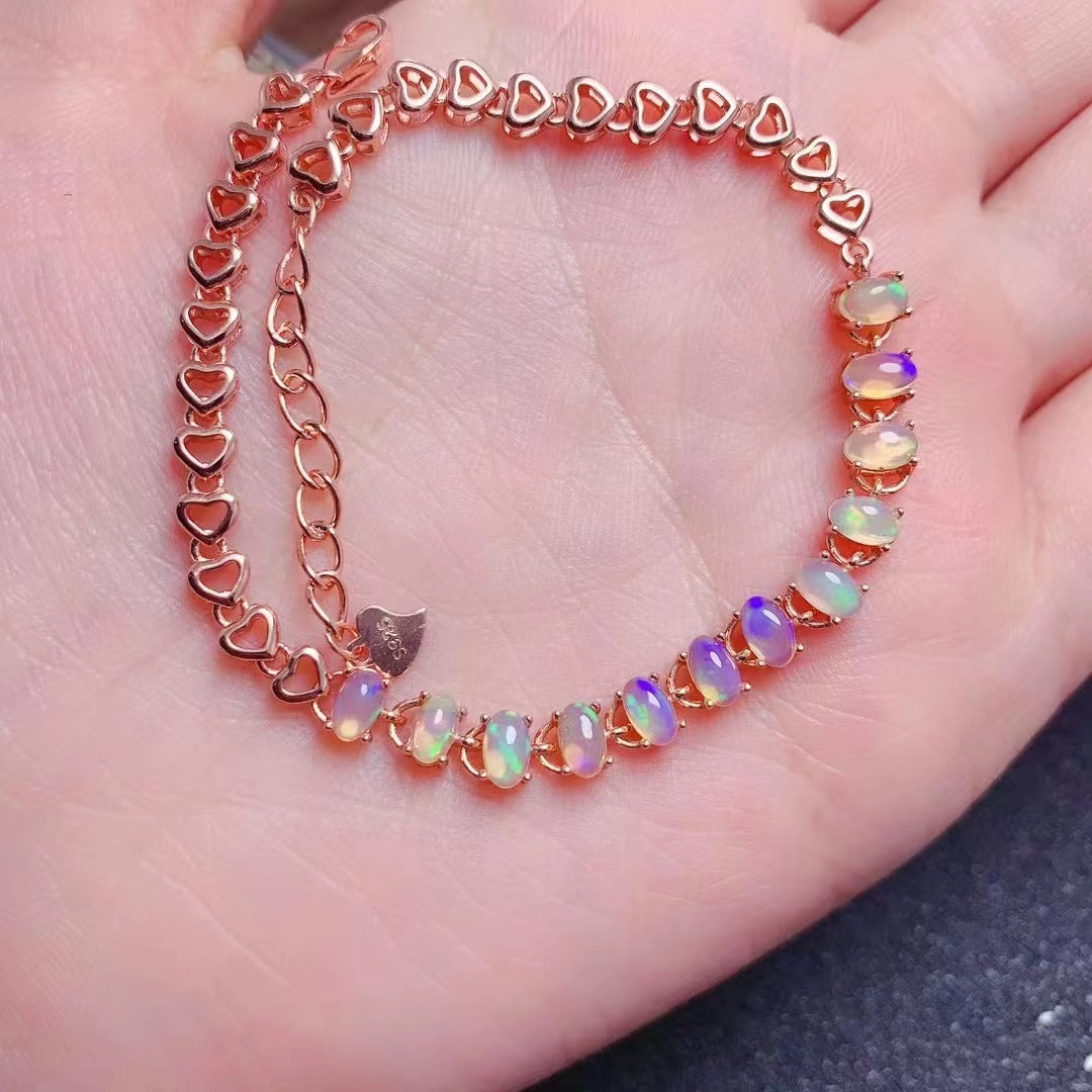 Natural Opal Bracelet 925 Silver Fine Inlay Full Pure Body Simple Retro European and American Style Bracelet Gemstone Jewelry Bracelet