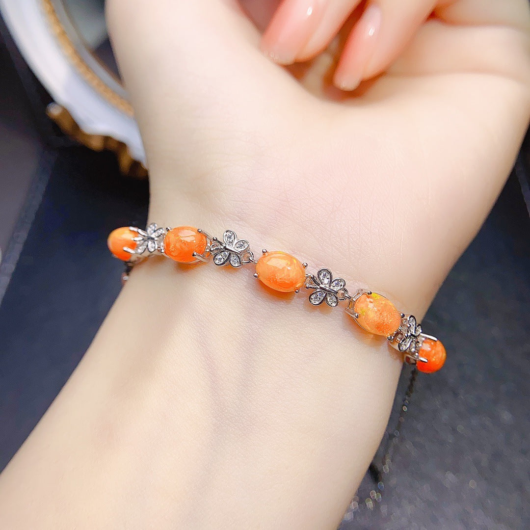 S925 Silver Inlaid Main Stone 6*8 Natural Fire Opal Bracelet