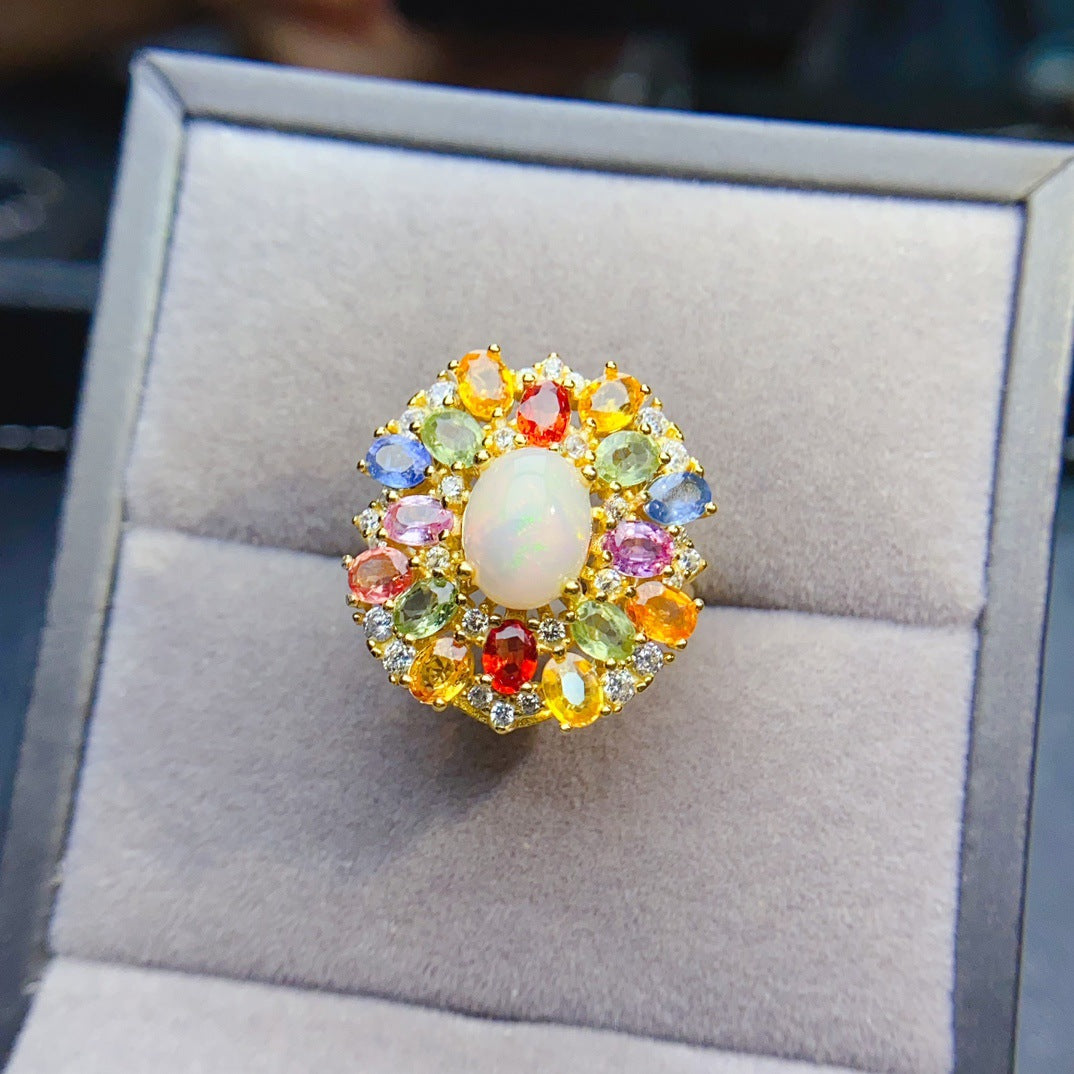 S925 Silver Inlaid Main Stone 7*9 Natural White Opal Ring